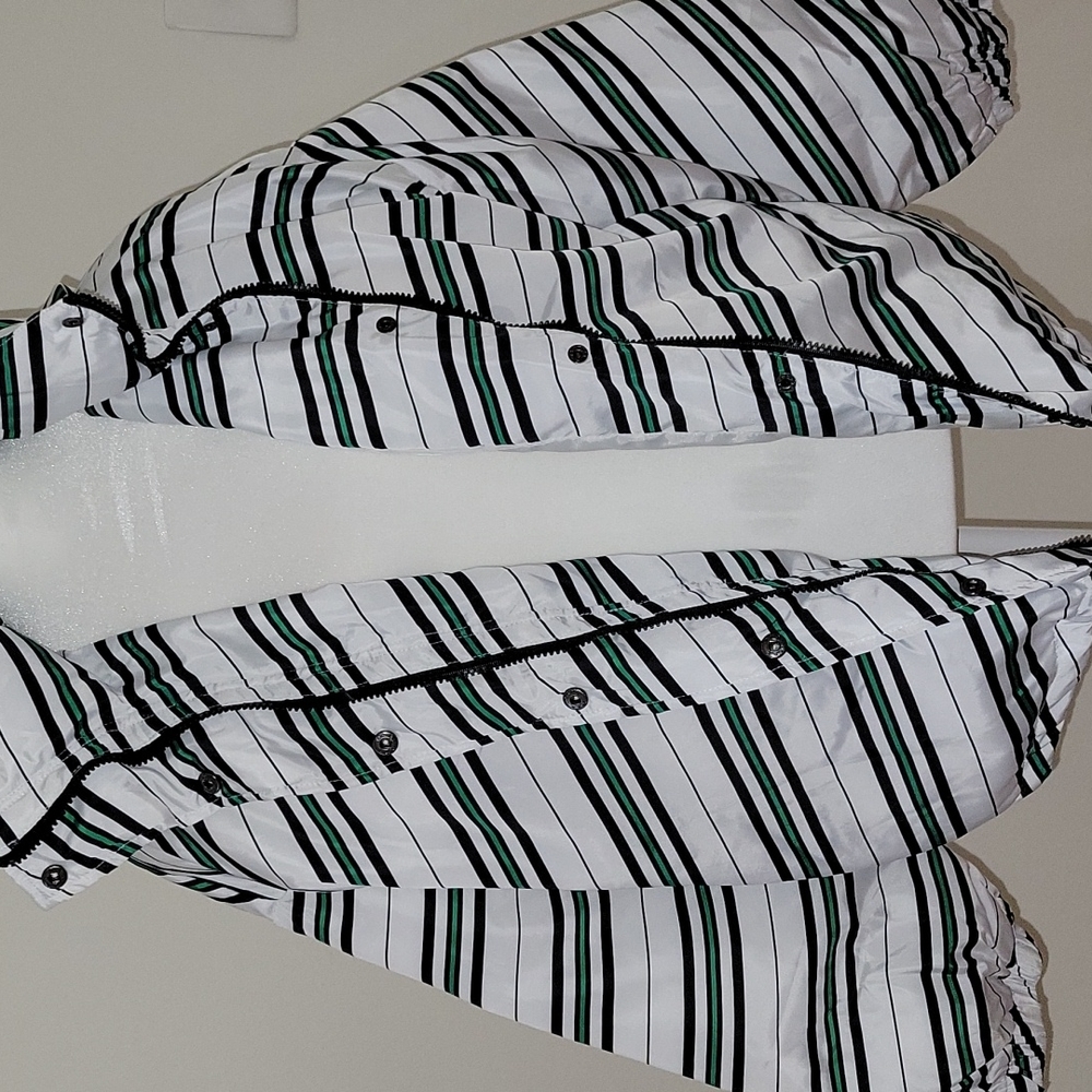 White, black and green striped puffer jacket. Size 38 EU.